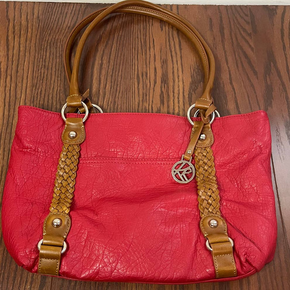 Red Purse Brown Straps Satchel Hand Bag Braided accents Pockets - Picture 1 of 8
